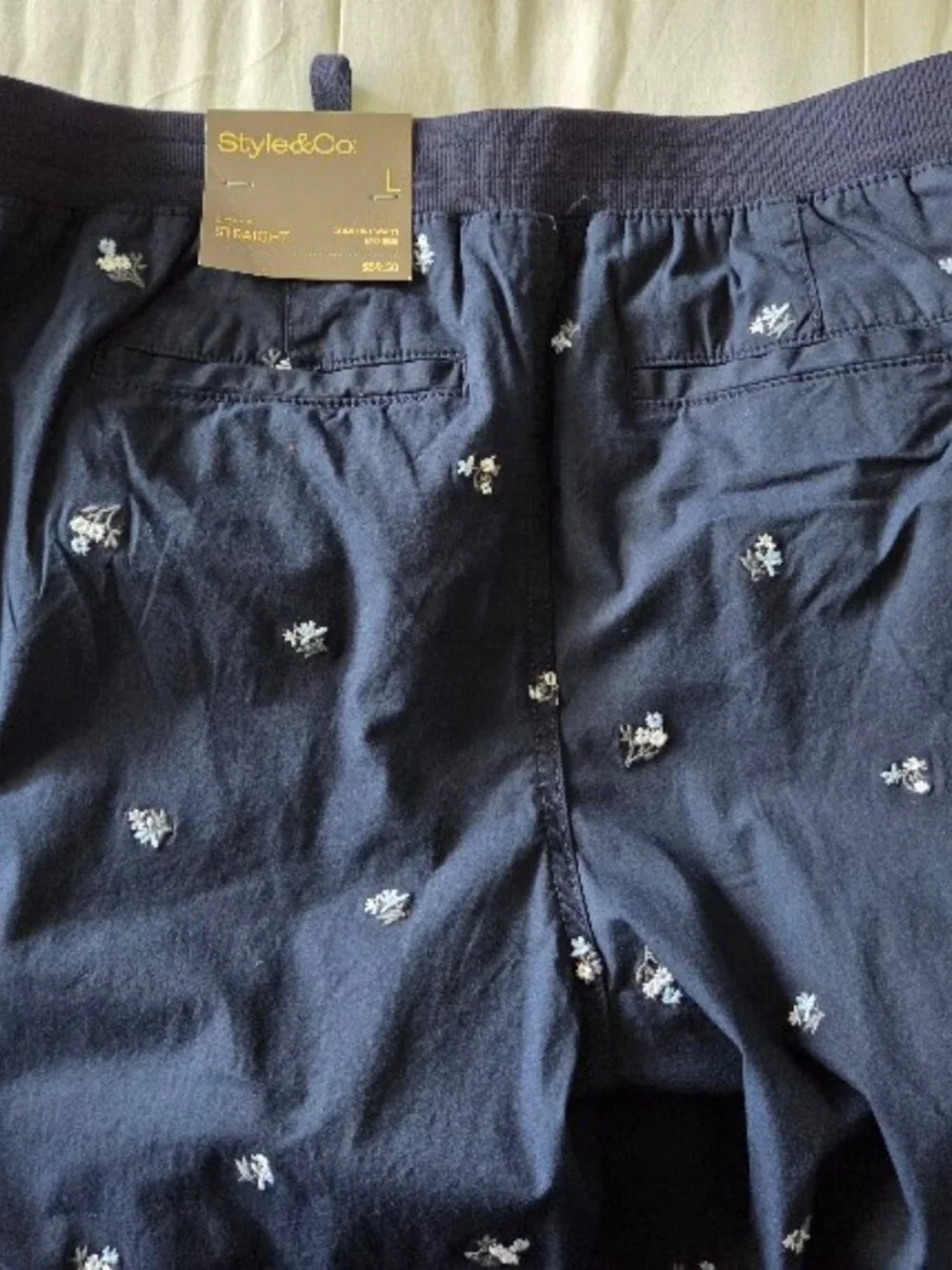 Style & Co Embroidered Navy Straight Leg Pull-On Pant Sz L